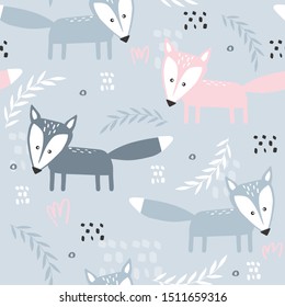 Colorful seamless pattern with foxes and leaves. Decorative cute wallpaper, good for printing. Overlapping background vector. Backdrop with animals