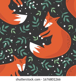 Colorful seamless pattern with foxes, leaves. Decorative cute wallpaper, good for printing. Overlapping background vector. Backdrop with animals