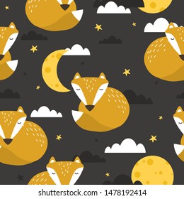 Colorful seamless pattern with foxes, moon, stars. Decorative cute wallpaper, good for printing. Overlapping colored background vector. Design illustration with animals, night sky