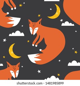 Colorful seamless pattern with foxes, moon, stars. Decorative cute wallpaper, good for printing. Overlapping colored background vector. Design illustration with animals, night sky