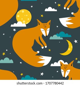 Colorful seamless pattern with foxes, moon, stars. Decorative cute wallpaper, good for printing. Overlapping colored background vector. Design illustration with animals, night sky