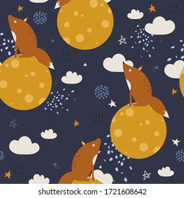 Colorful seamless pattern with foxes, moon, stars. Decorative cute wallpaper, good for printing. Overlapping colored background vector. Design illustration with animals, night sky