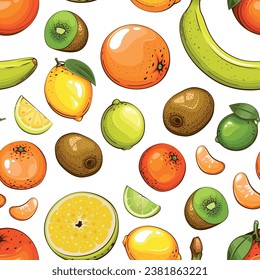 Colorful Seamless Pattern with fresh fruits.  Seamless pattern with citruses. Food Pattern. Fruits Background. Mixed fruits Pattern. Kitchen vibrant design. HAND DRAWN vector illustration