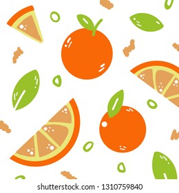 Colorful seamless pattern with fresh orange and leaves, cute tropical fruits background set with simple design for summer. Vector Illustration.