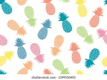 Colorful Seamless pattern. Fresh Pineapple on White background. Fruit in Summer Vector illustration. Perfect for invitations, greeting cards, wrapping paper, posters, fabric print.