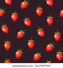 Colorful seamless pattern with fresh strawberries isolated on dark red background.