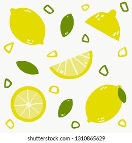 Colorful seamless pattern with fresh yellow lemon and leaves, cute tropical citrus fruits background set with simple design for summer. Vector Illustration.