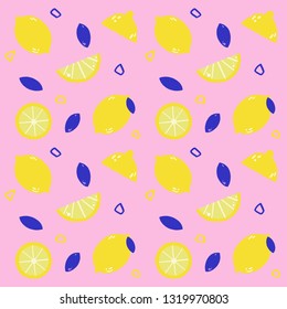 Colorful seamless pattern with fresh yellow lemon and leaves, cute tropical citrus fruits background set with simple design for summer. Vector Illustration.