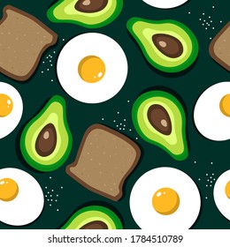 Colorful seamless pattern with fried egg, bread, avocado. Vector backdrop with food. Decorative wallpaper, good for printing. Hand drawn overlapping background