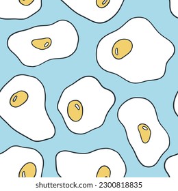 Colorful seamless pattern with fried eggs on blue background. Backdrop with tasty cooked breakfast dish, morning meal. Beautiful illustration for wrapping paper, textile print, wallpaper