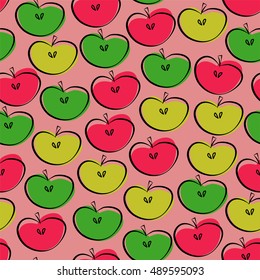 Colorful seamless pattern with fruit on the light-pink background. Apple background. Cute childish background. Outline style. Vector illustration. 