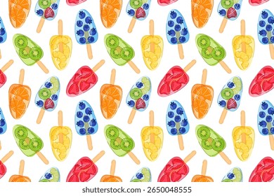 Colorful seamless pattern of fruit popsicle with strawberry, kiwi, blueberry, orange and pineapple isolated on white background. Cartoon style design for summer dessert menu or package.
