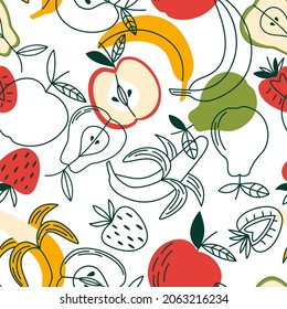 Colorful seamless pattern with fruits and berries. Vector flat illustration for wallpaper, fabric, surface design