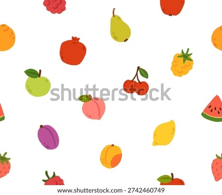 A colorful seamless pattern of fruits including watermelon, apples, oranges, and berries. Concept of abundance and freshness, with the various fruits
