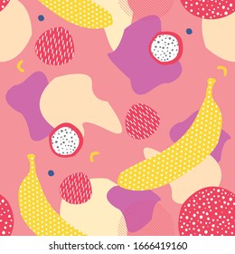 Color sin fisuras con frutas. Ilustración vectorial con banana, fresa y fruta del dragón