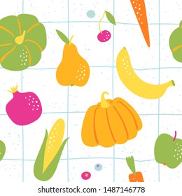 Colorful seamless pattern with fruits and vegetables on checkered tablecloth. Hand drawn  harvest background in Scandinavian style. Vector illustration