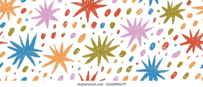 Colorful seamless pattern with funky crayon drawn stars and dots. Hand drawn childish cosmic vector background. Pencil drawn astrology seamless pattern, hand drawn abstract zodiac motif.