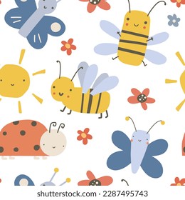 Patrón colorido y sin fisuras con abejas divertidas, mariposas y nubes. Antecedentes con dibujos de niños lindos. Ilustración vectorial plana.