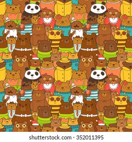 Colorful seamless pattern with funny brown bears