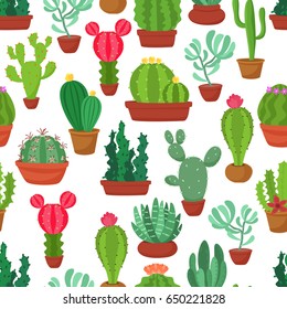 Colorful seamless pattern of funny cactus and succulent in flowerpots. Houseplant and wild cactus background. Cartoon style vector illustration