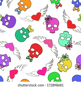 Colorful seamless pattern of funny cartoon skulls and winged hearts