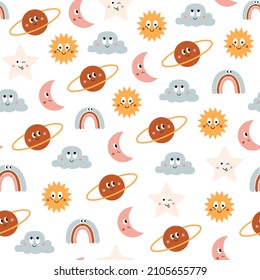 Colorido patrón sin fisuras de graciosos iconos de dibujos animados sol, nube, luna, planeta y arcoiris aislados en fondo blanco. Ilustración de caracteres de vector de corte