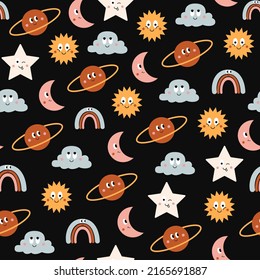 Colorful seamless pattern of funny cartoon icons sun, cloud, moon, planet and rainbow isolated on black background. Cute vector characters illustration