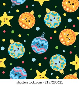 Colorful seamless pattern with funny cute christmas balls on dark green background