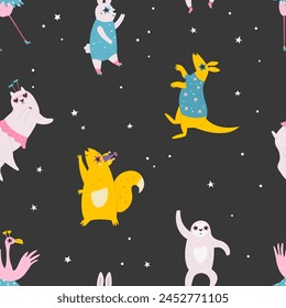 Colorful seamless pattern with funny dancing animals in disco glasses and costumes