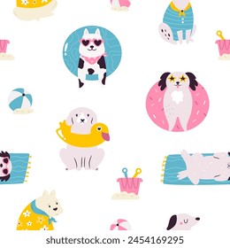 Colorful seamless pattern with funny dogs in summer costumes having fun at the beach. Cute design with pet characters