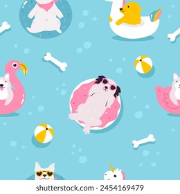 Colorful seamless pattern with funny dogs swimming with inflatable ring. Cute design with pet characters