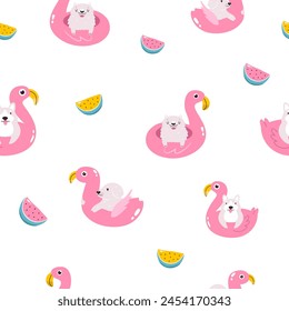 Colorful seamless pattern with funny dogs swimming with inflatable ring. Cute design with pet characters