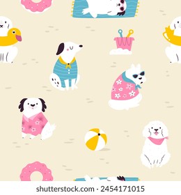 Colorful seamless pattern with funny dogs in summer costumes having fun at the beach. Cute design with pet characters