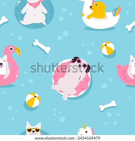 Colorful seamless pattern with funny dogs swimming with inflatable ring. Cute design with pet characters