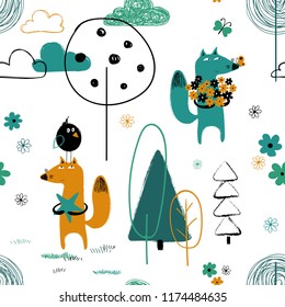 Colorful seamless pattern with funny fox in the forest. Hand drawn grunge brush background. 