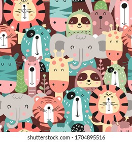 Colorful seamless pattern with funny jungle animals in scandinavian style. Vector illustration. Kids illustration for nursery design. The print is great for baby clothes, greeting cards, wrapping pape