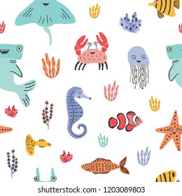 Colorful seamless pattern with funny marine animals or underwater creatures, corals and seaweed on white background. Backdrop with cute sea and ocean dwellers. Flat cartoon vector illustration.