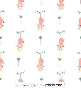 Colorido patrón sin costuras con monos divertidos y palmeras. Diseño de ropa, huellas de niños, papel de envoltura