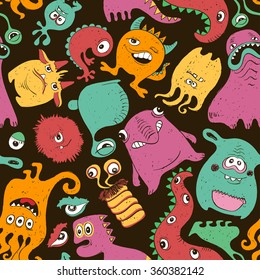 Colorful seamless pattern with funny monsters. Abstract graphic background.