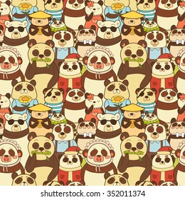 Colorful seamless pattern with funny pandas