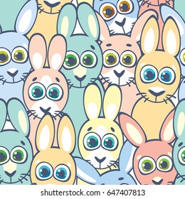 Colorful seamless pattern of funny rabbits with big eyes. Childish wallpaper and textile with bunny. Cartoon vector illustration.