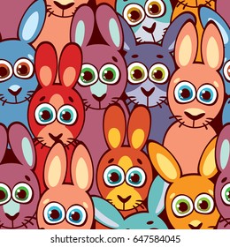 Colorful seamless pattern of funny rabbits with big eyes. Cartoon vector illustration. Childish wallpaper and textile.