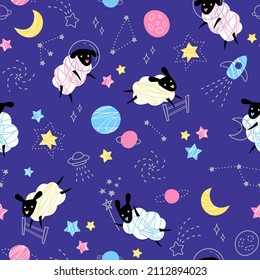 Colorful seamless pattern with funny sheep in space, stars, and planets in Scandinavian style. Vector illustration.