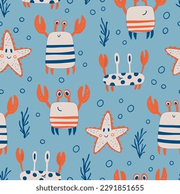 Colorful seamless pattern with funny starfish, crabs and algae. Background with cute inhabitants of the sea and ocean. Flat vector illustration.