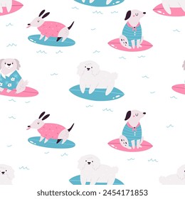 Colorful seamless pattern with funny surfing dogs. Cute design with pet characters