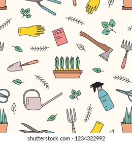 Colorido patrón sin fisuras con herramientas de jardinería para el cultivo de plantas sobre fondo blanco. Marco decorativo con equipamiento agrícola. Ilustración vectorial en estilo de arte en línea para impresión textil.