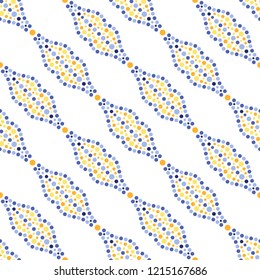 Colorful seamless pattern of garlands. Dotted trellis. Mosaic chains of blue, yellow, orange dots. Print of beads. Vector Illustration.