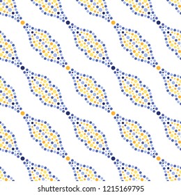 Colorful seamless pattern of garlands. Dotted trellis. Mosaic chains of blue, yellow, orange dots. Print of beads. Vector Illustration.