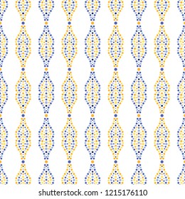 Colorful seamless pattern of garlands. Dotted trellis. Mosaic chains of blue, yellow, orange dots. Print of beads. Vector Illustration.