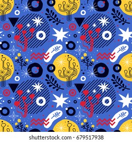 Colorful seamless pattern with geometric and floral elements. Useful for web design, posters, textile and backgrounds.